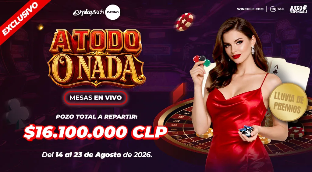 Ficha promocional horizontal de un torneo titulado Todo o Nada, con símbolos dorados y el nombre del proveedor Playtech en una esquina.
