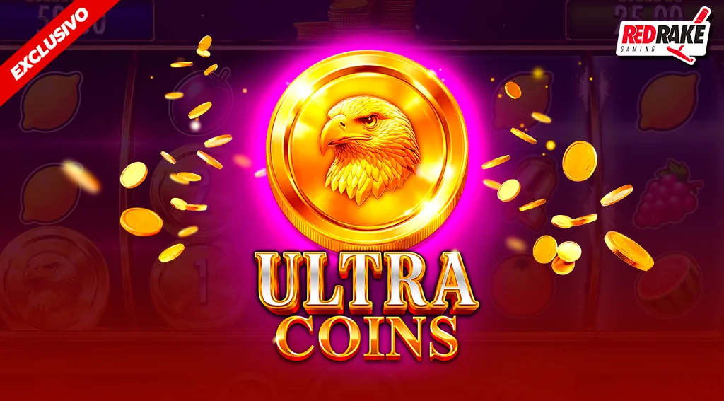 Ficha promocional horizontal con el rótulo Ultra Coins, monedas doradas y el nombre del proveedor Redrake.
