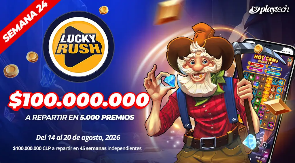Ficha promocional horizontal con el rótulo Lucky Rush, monedas y símbolos de la suerte sobre fondo oscuro, con el nombre del proveedor en una esquina.