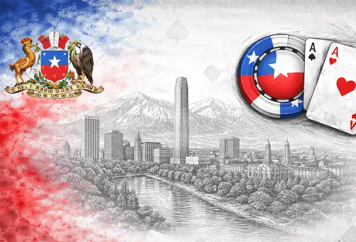 Montaje con la bandera chilena difuminada, la silueta de Santiago y fichas de casino al costado.