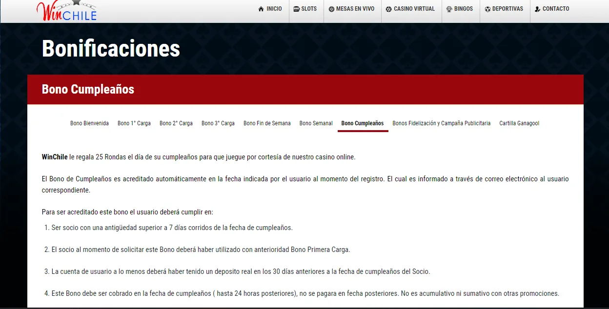 Página de bonificaciones con una fila de pestañas por tipo de bono y el texto de una de ellas.