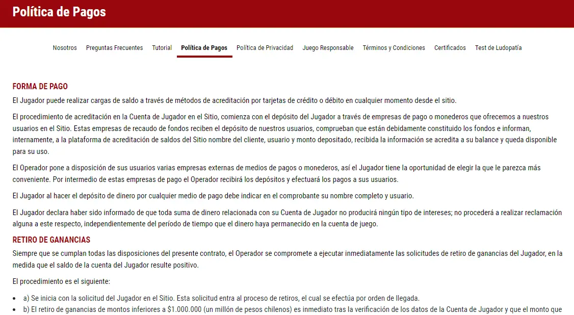 Página titulada Política de Pagos con secciones sobre forma de pago y retiro de ganancias.